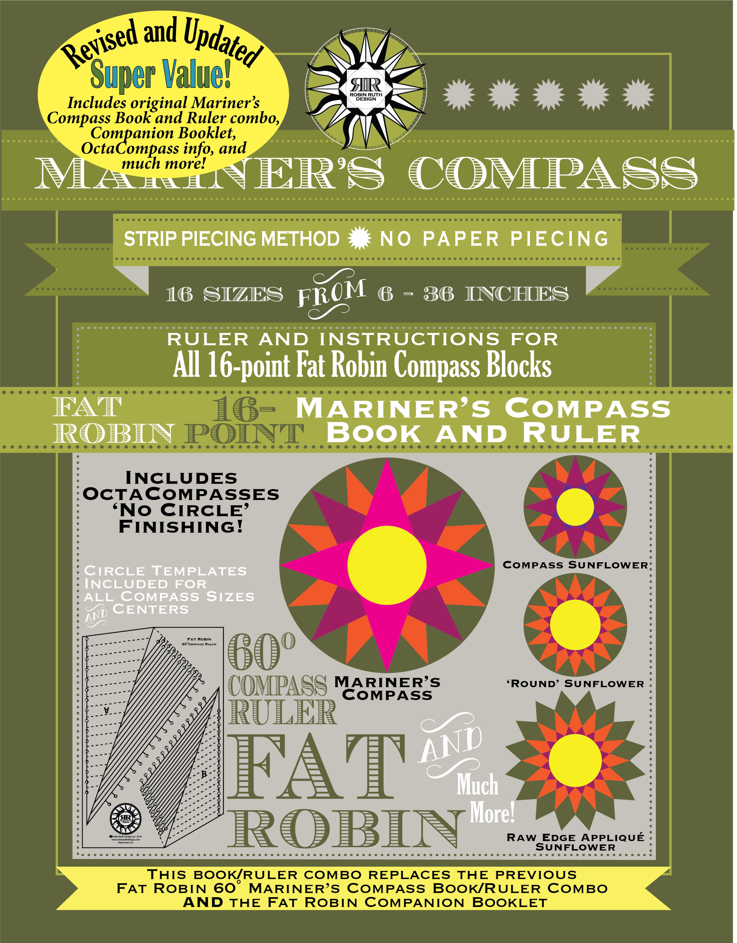 Fat Robin 16-Point Mariner's Compass Book And Ruler Combo